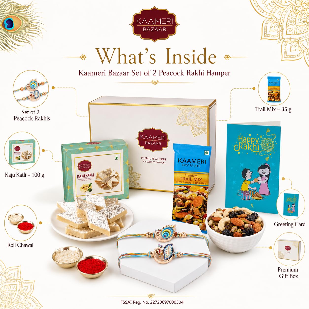 Set of 2 Peacock Rakhi for Brother with Kaju Katli 100g, Trail Mix 35g