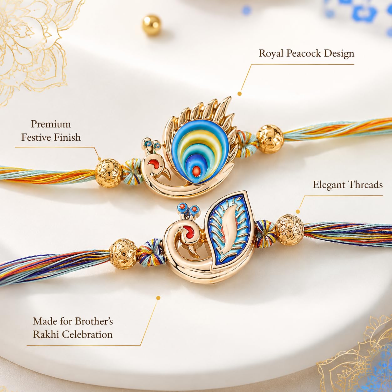 Set of 2 Peacock Rakhi for Brother with Kaju Katli 100g, Trail Mix 35g