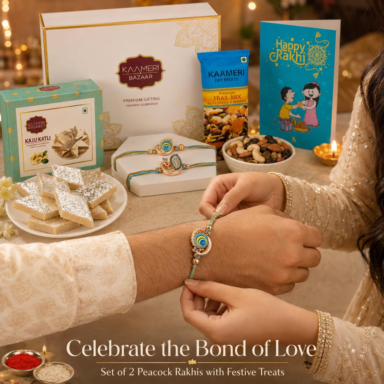 Set of 2 Peacock Rakhi for Brother with Kaju Katli 100g, Trail Mix 35g