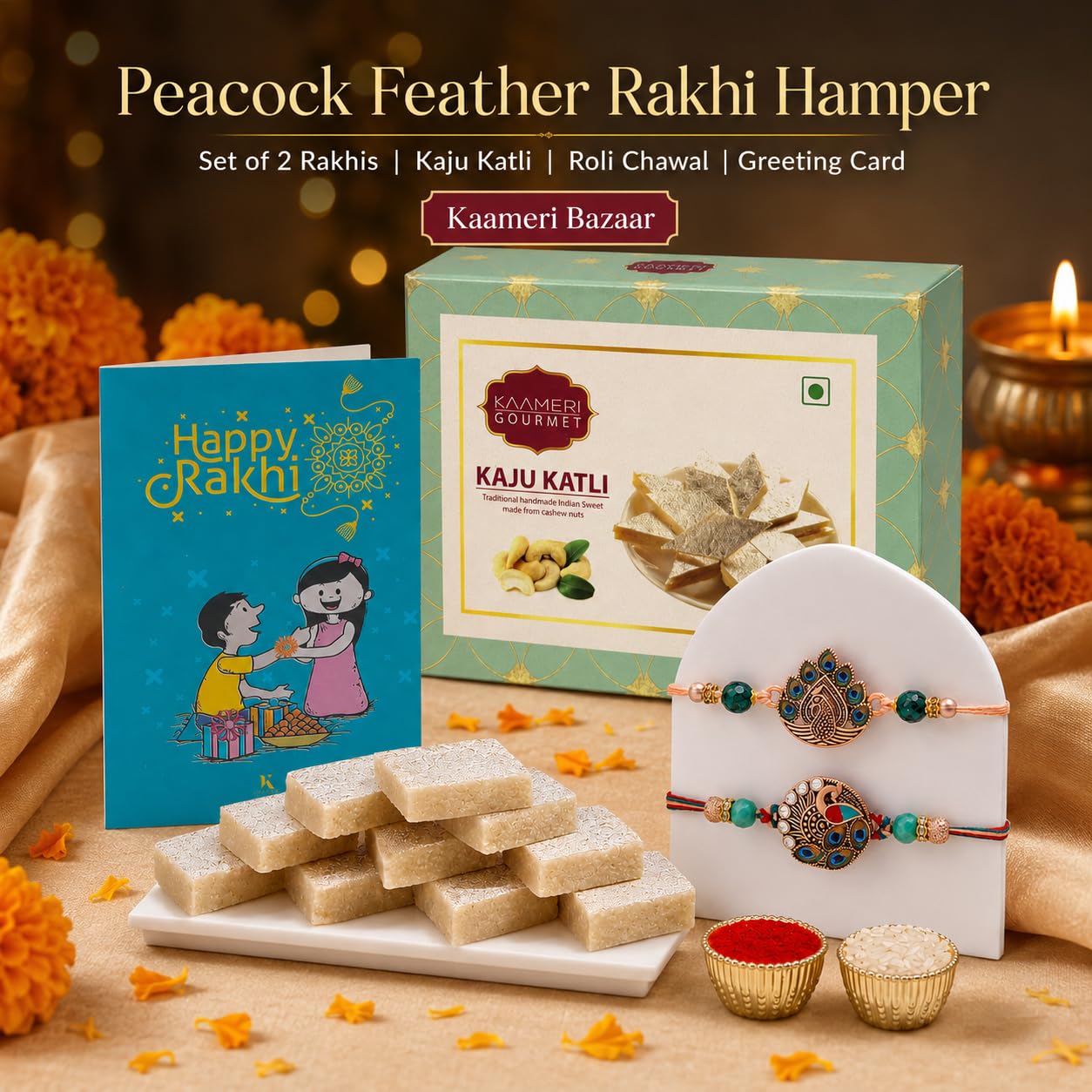 Set of 2 Peacock Feather Rakhi for Brother with 100g Kaju Katli