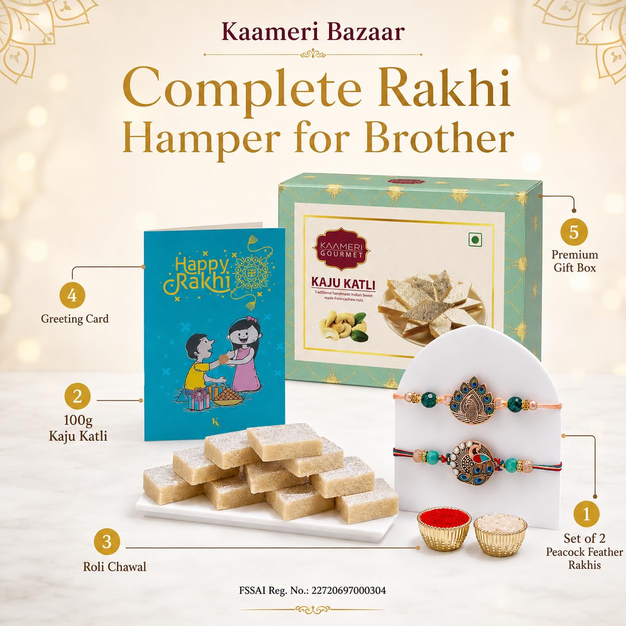 Set of 2 Peacock Feather Rakhi for Brother with 100g Kaju Katli
