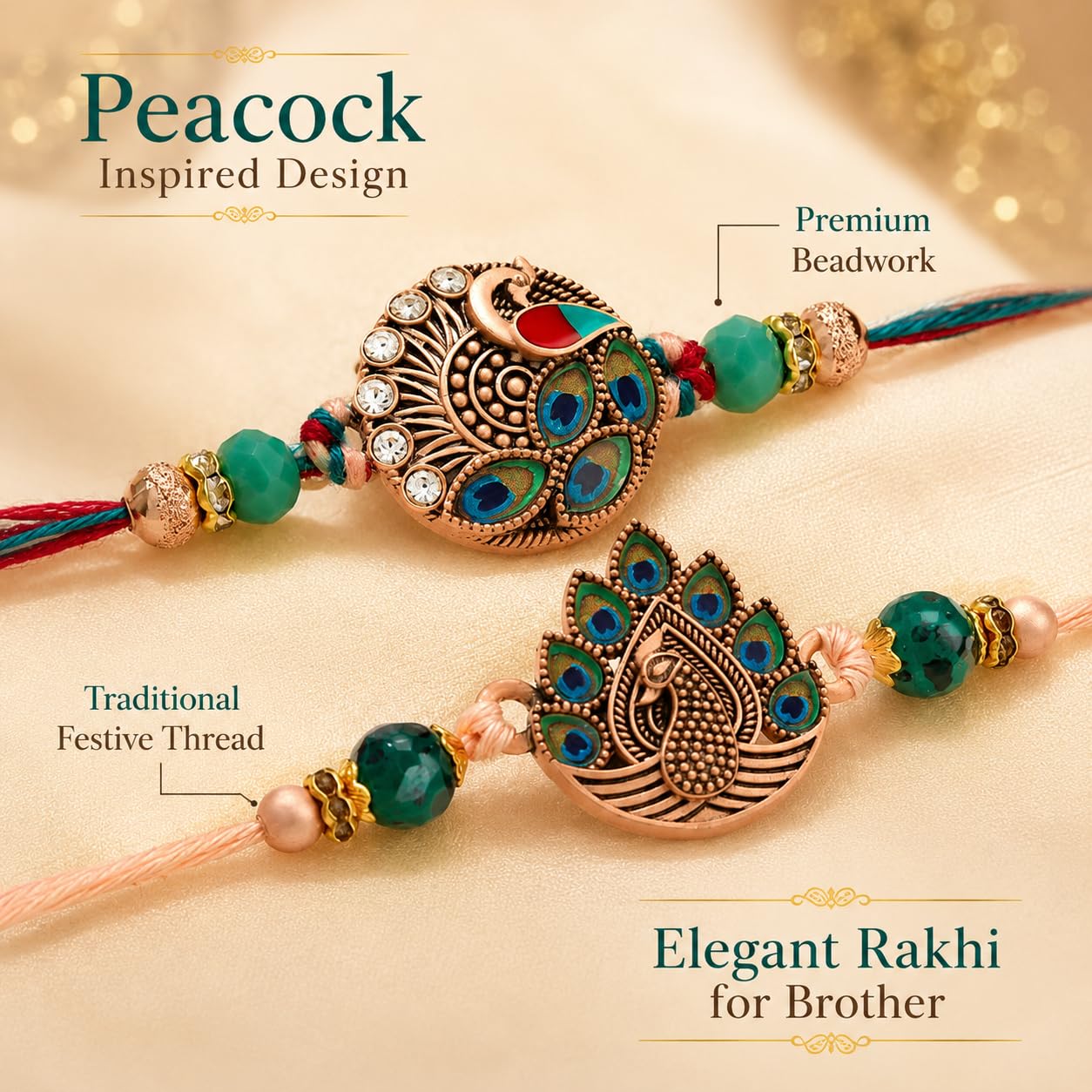 Set of 2 Peacock Feather Rakhi for Brother with 100g Kaju Katli