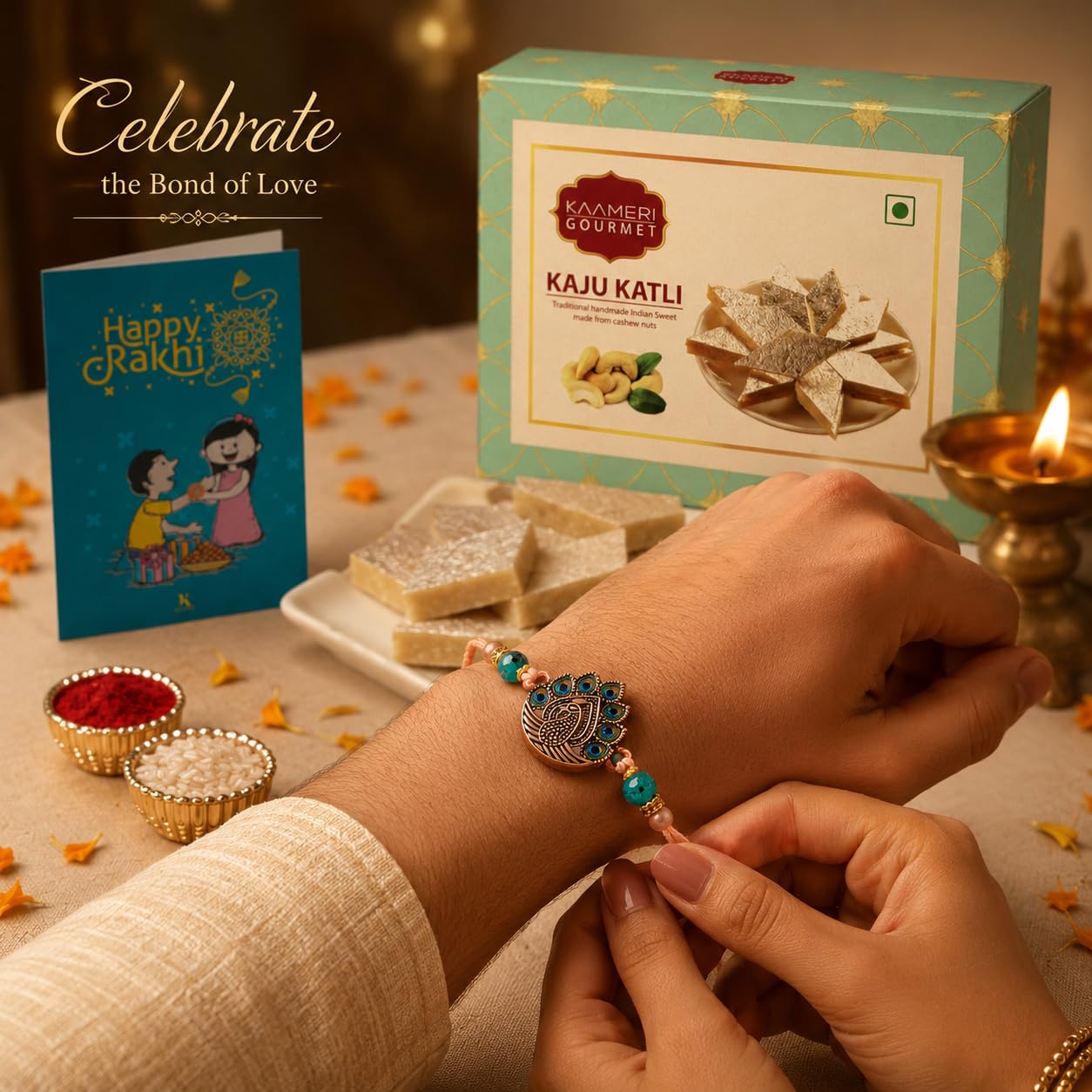 Set of 2 Peacock Feather Rakhi for Brother with 100g Kaju Katli