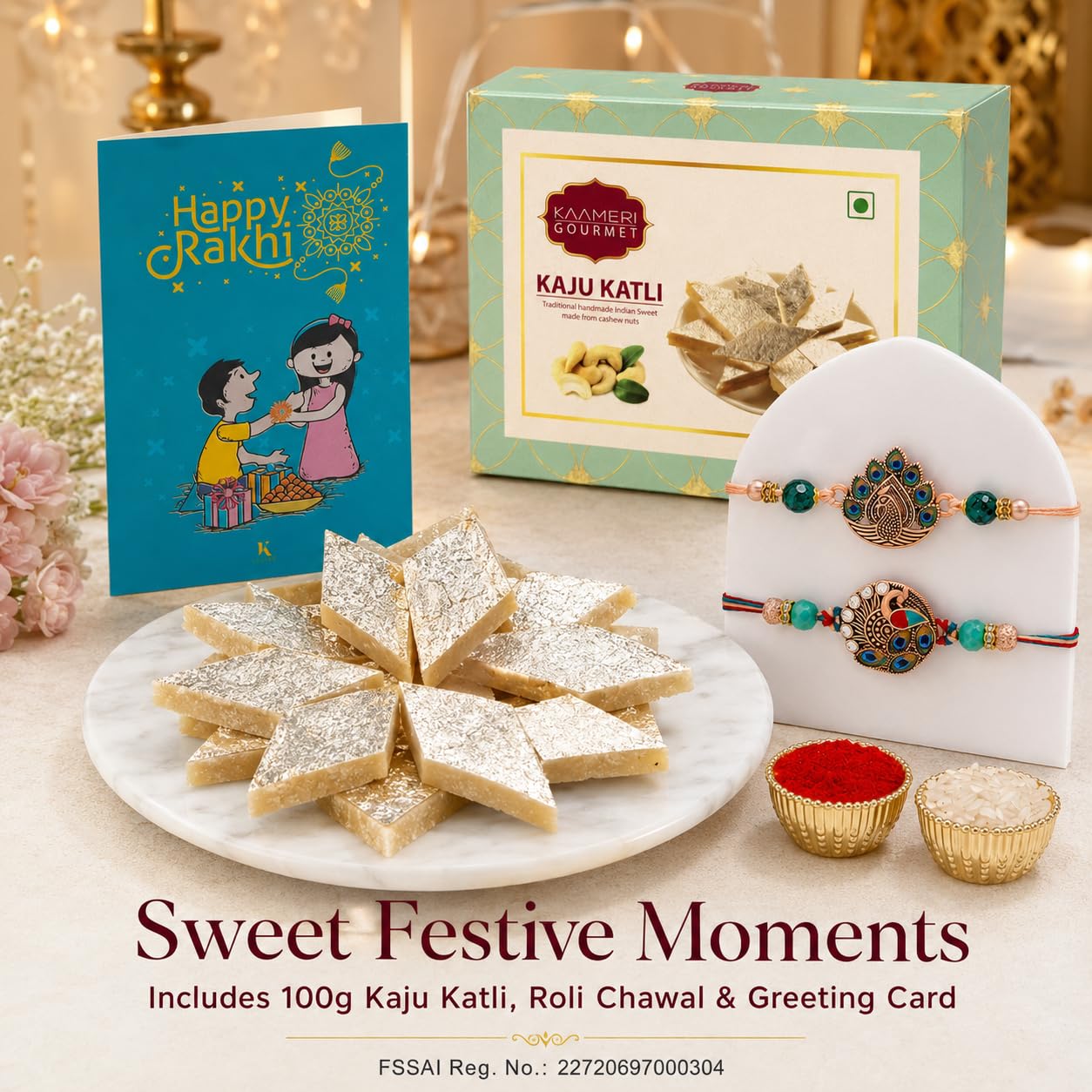 Set of 2 Peacock Feather Rakhi for Brother with 100g Kaju Katli