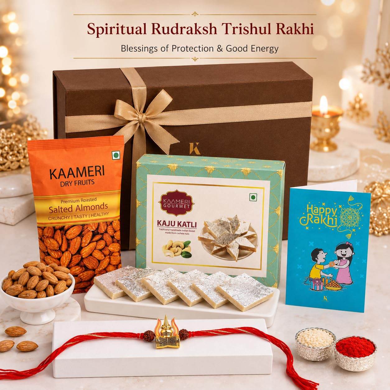 Spiritual Rudraksh Trishul Rakhi for Brother with Kaju Katli 100g, Salted Almonds 35g