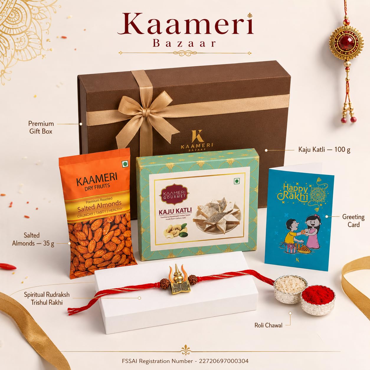 Spiritual Rudraksh Trishul Rakhi for Brother with Kaju Katli 100g, Salted Almonds 35g