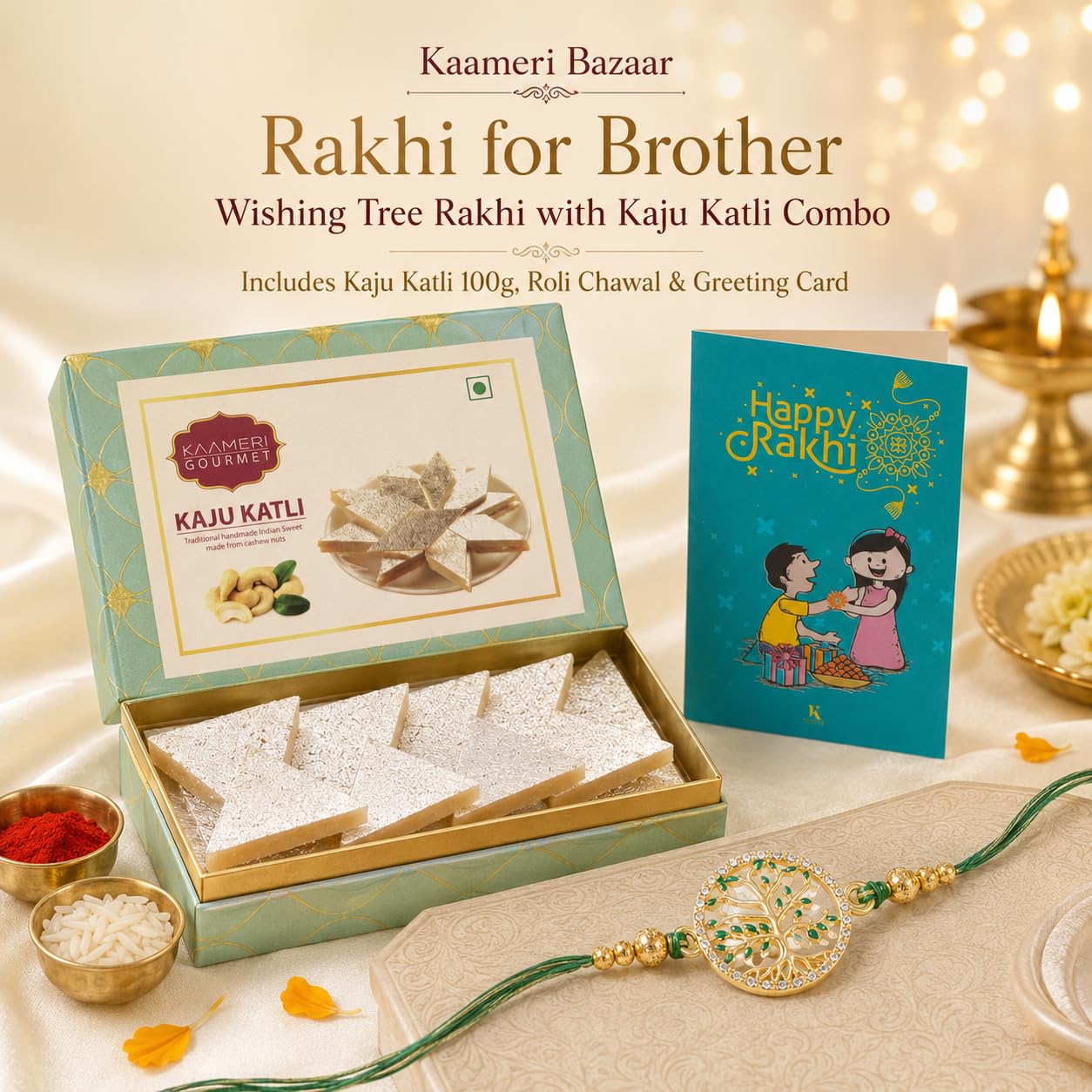 Wishing Tree Rakhi for Brother with Kaju Katli 100g
