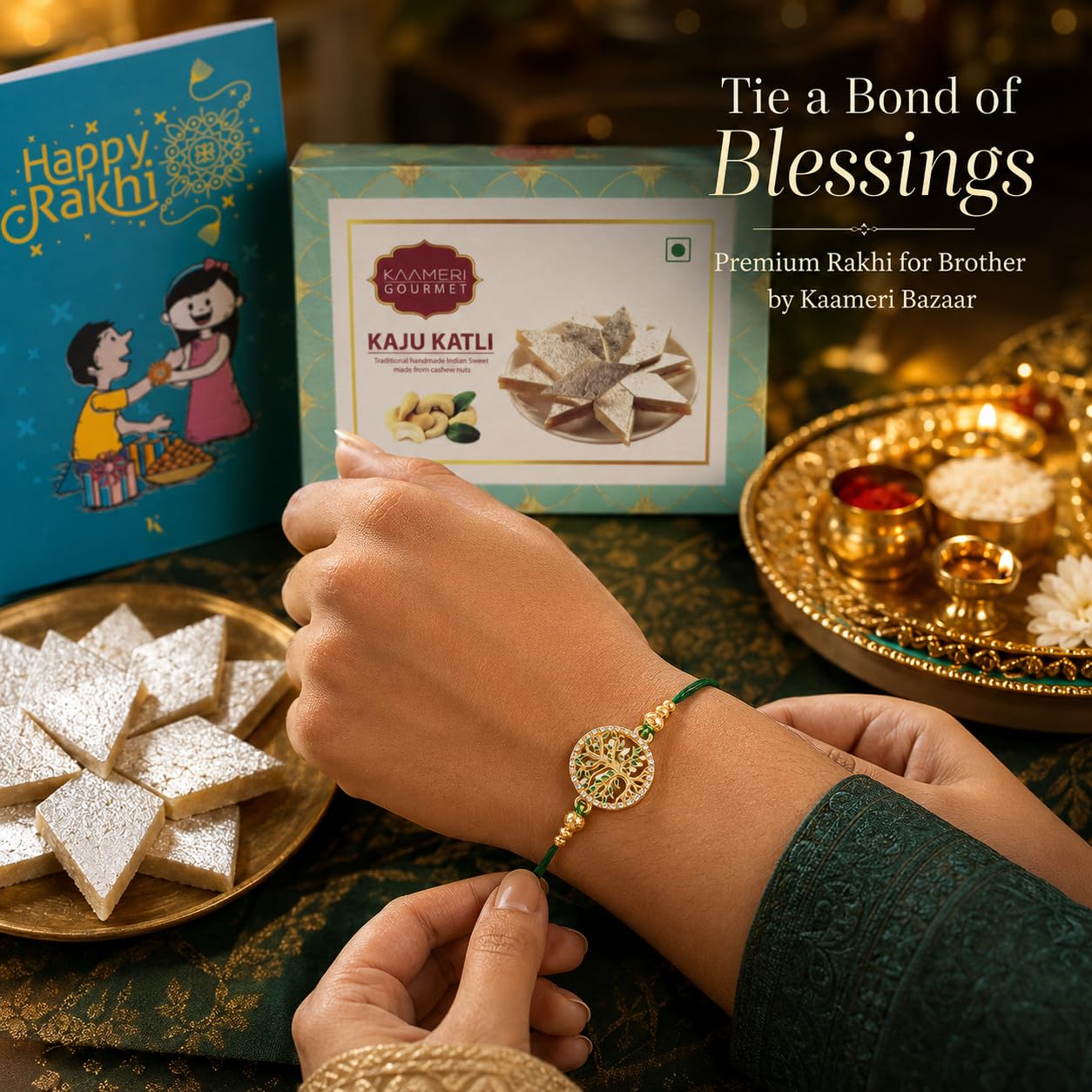 Wishing Tree Rakhi for Brother with Kaju Katli 100g